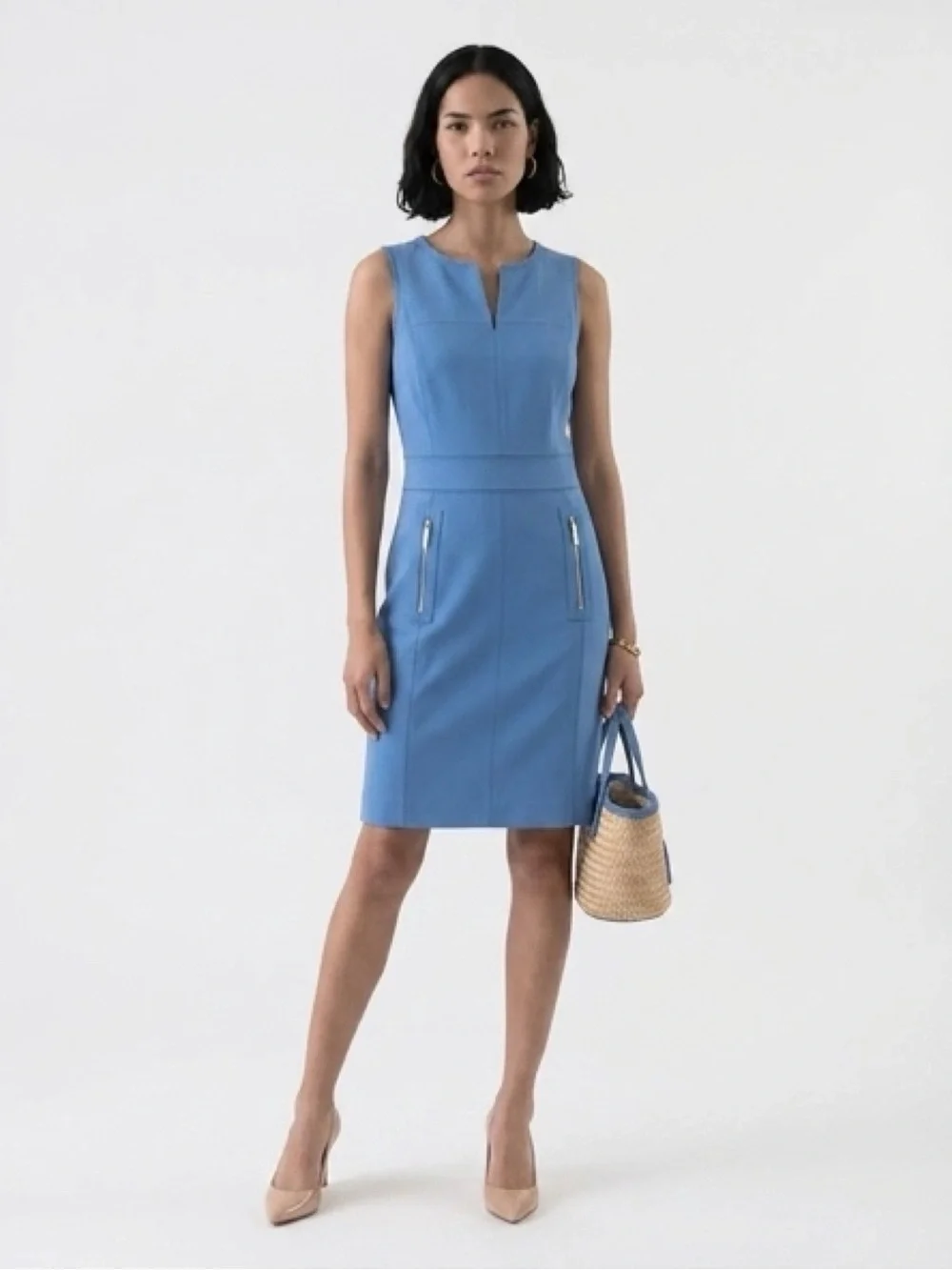 TORY BURCH CHELSEA SHEATH DRESS MONTEGO BLUE ZIPPERED ‎ POCKETS CORP-CORE MODEST